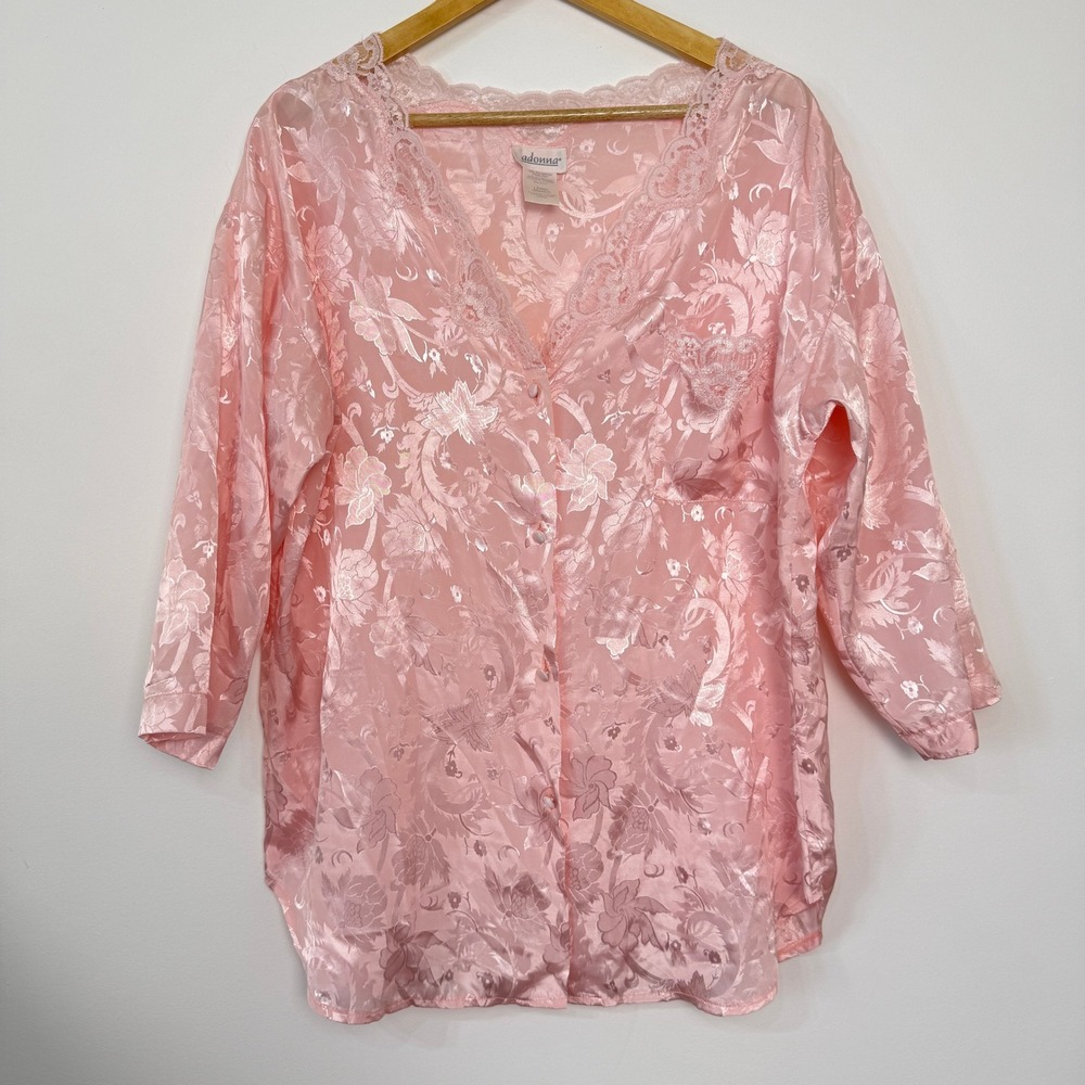 Vintage Adonna Sleep Shirt Womens Large Pink Floral Lace Satin